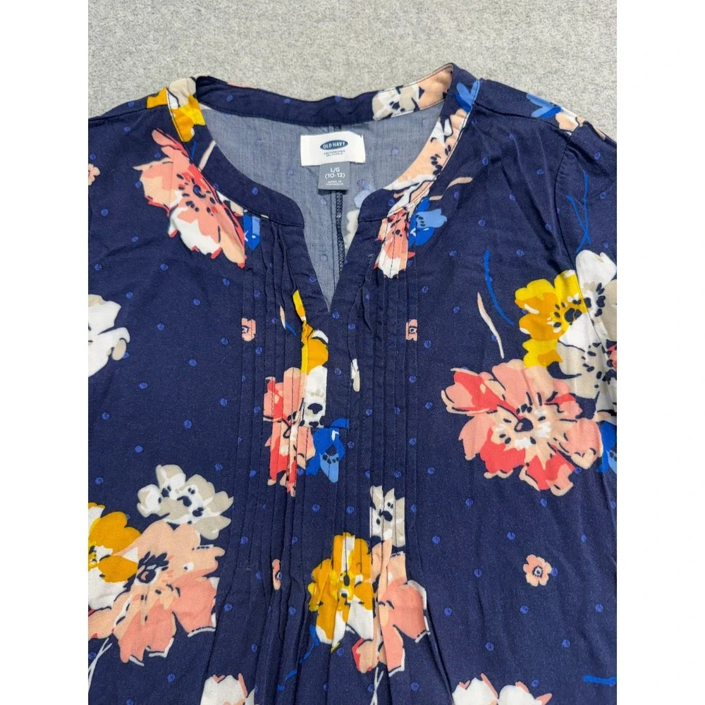 Old Navy Girls 10-12 L Navy Floral Pintuck Dress 3/4 Sleeve Flowy Casual School